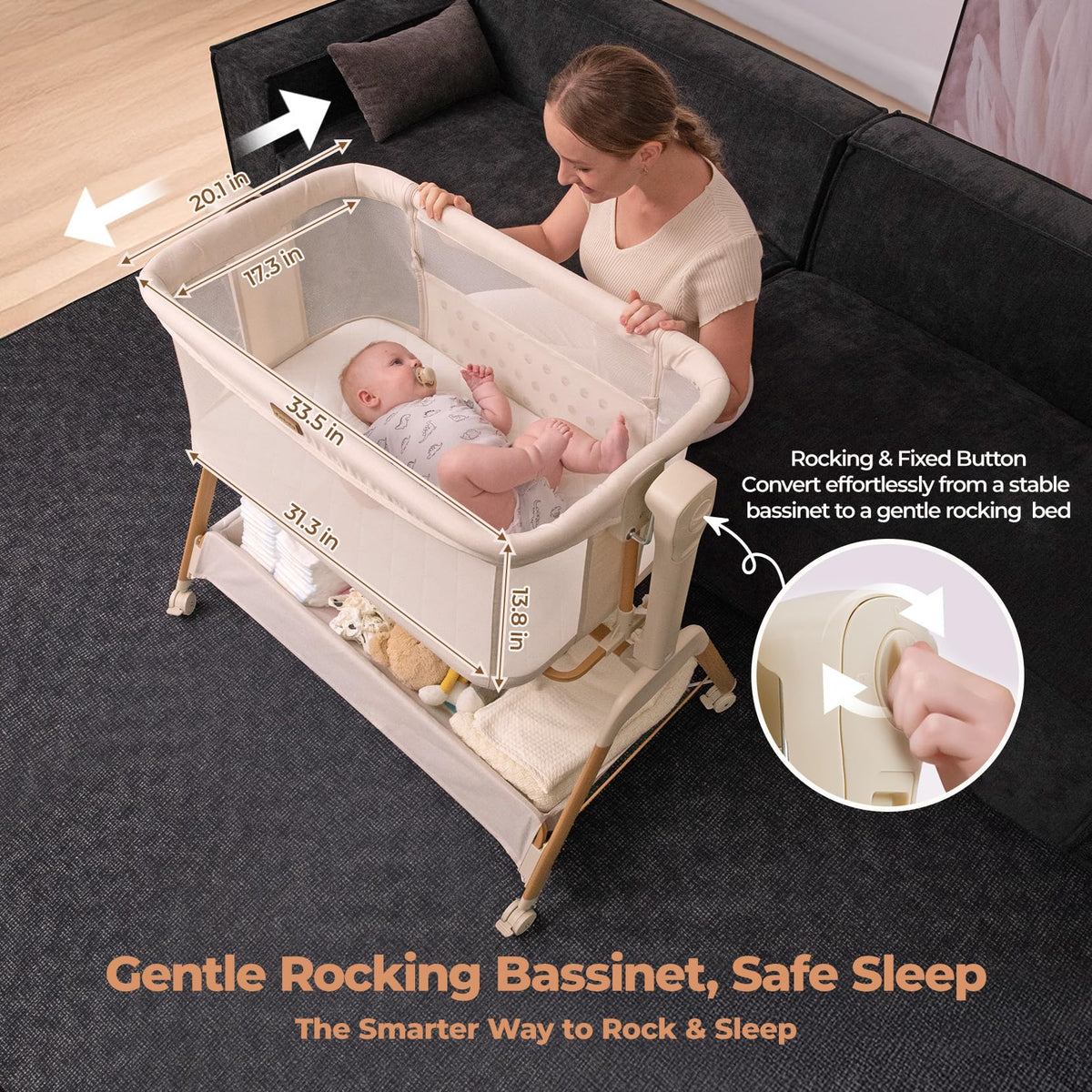 Bedside bassinet 3 in 1 rocking full mesh crib with mattress 6 height adjustable lockable wheels