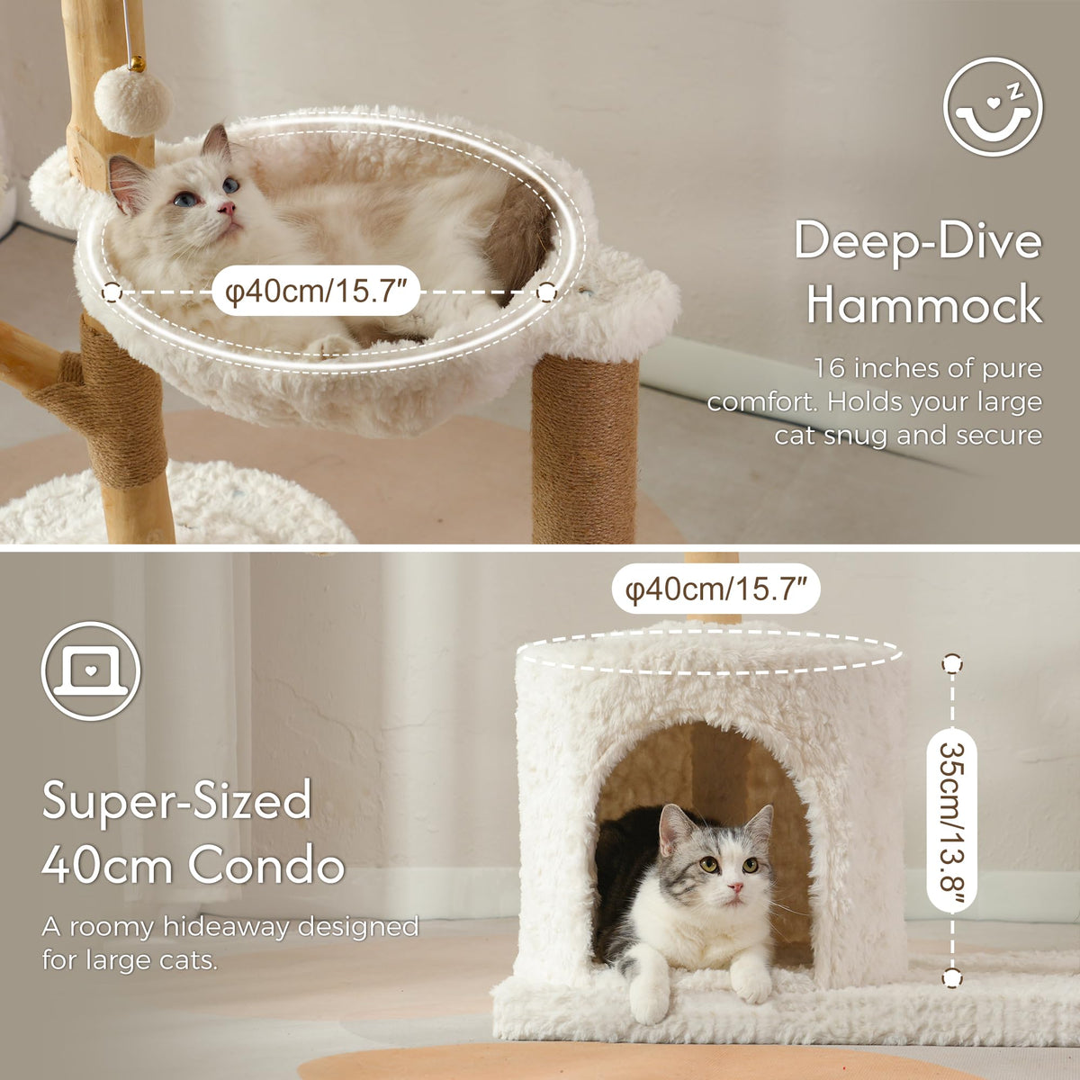 Modern Cat Tree with Hammock 48.5 Inches Cat Tower Real Wood Scratching Post Rattan Basket Perch Condo Beige
