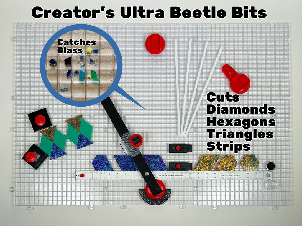Beetle Bits Glass Cutting System with 6 Pack Waffle Grids and Push Button Flying Beetle Cutter