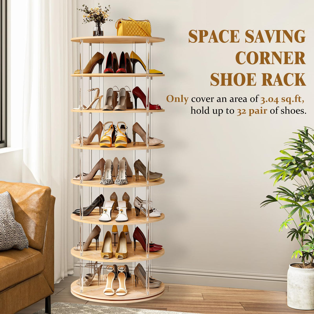 7 tier rotating shoe rack 360 degree spinning lazy susan tower acrylic wood shelf closet entryway bedroom