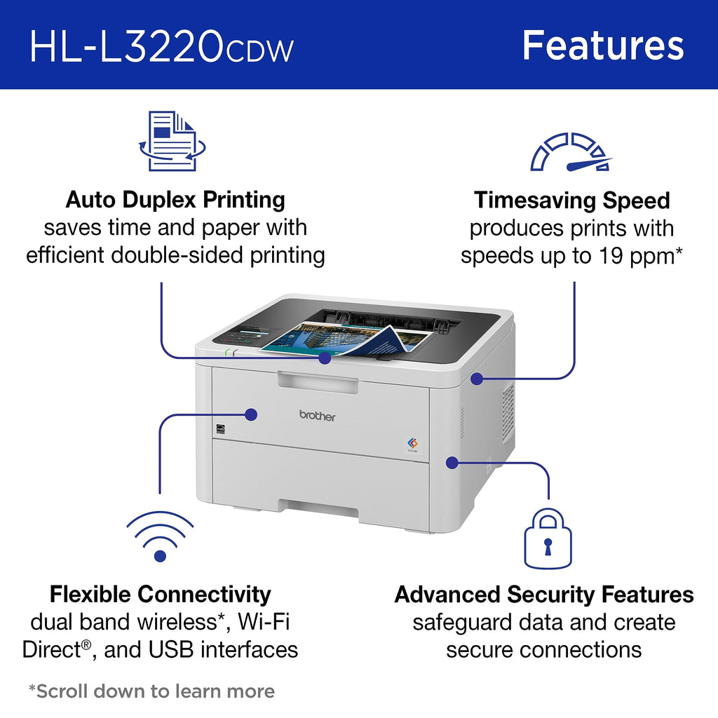 Color Laser Printer HL-L3220CDW Wireless 19 PPM Duplex Mobile Device Compatible 250 Sheet Tray Home Office