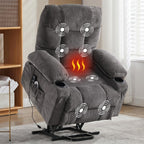 Power lift recliner chair for elderly with lumbar heat and massage grey fabric electric stand up assistance