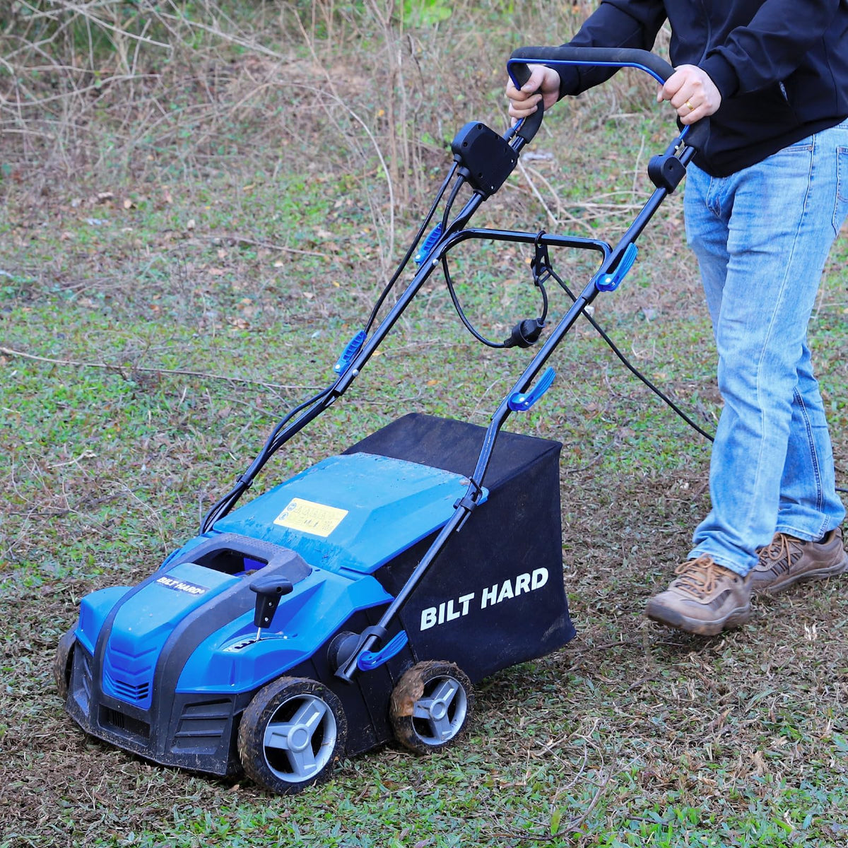 16 Inch Electric Dethatcher Scarifier 15A Copper Motor 5 Position Depth Adjust 14.5 gal Bag 2 in 1 Walk Behind