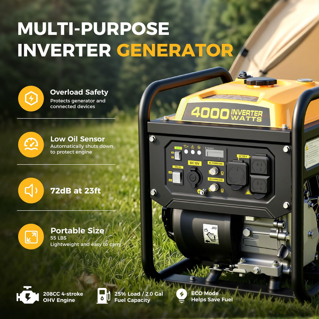 4000W Gas Powered Inverter Generator with 208cc Engine Portable Camping Power Supply for Outdoor Use