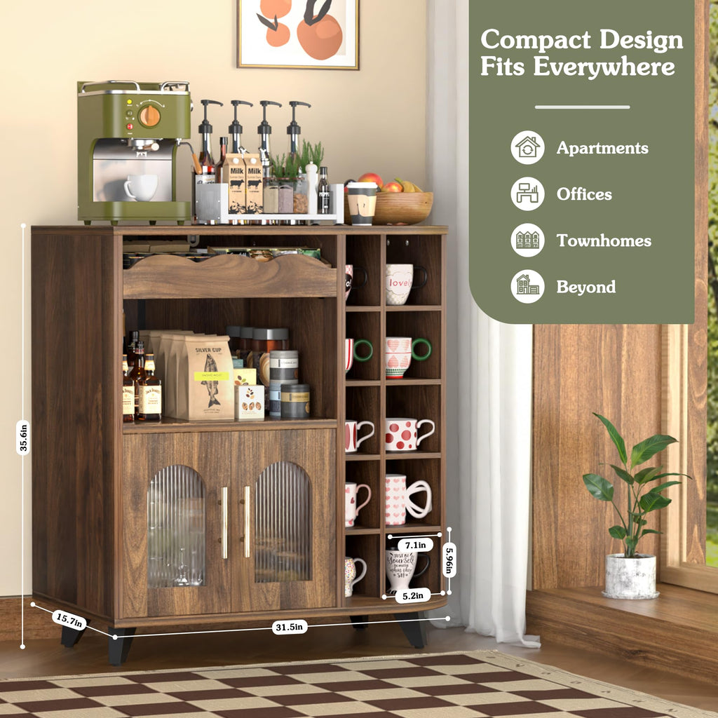 Coffee bar cabinet with 24 cup display large drawer storage modern wooden buffet sideboard kitchen walnut
