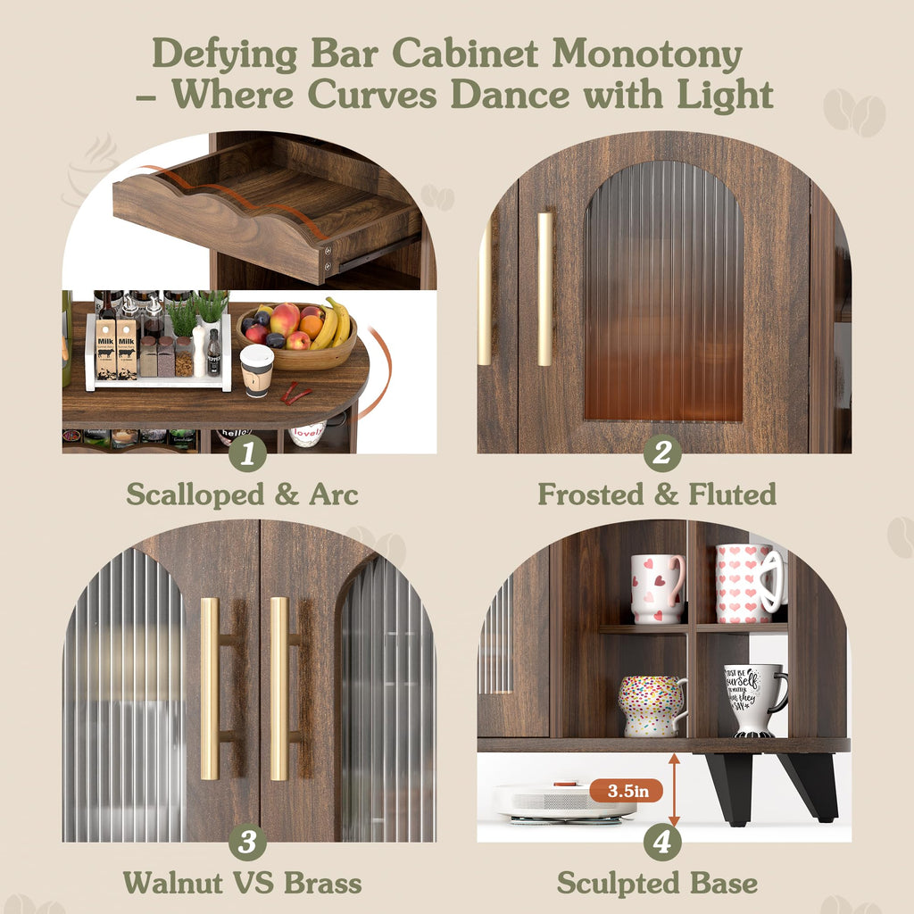 Coffee bar cabinet with 24 cup display large drawer storage modern wooden buffet sideboard kitchen walnut
