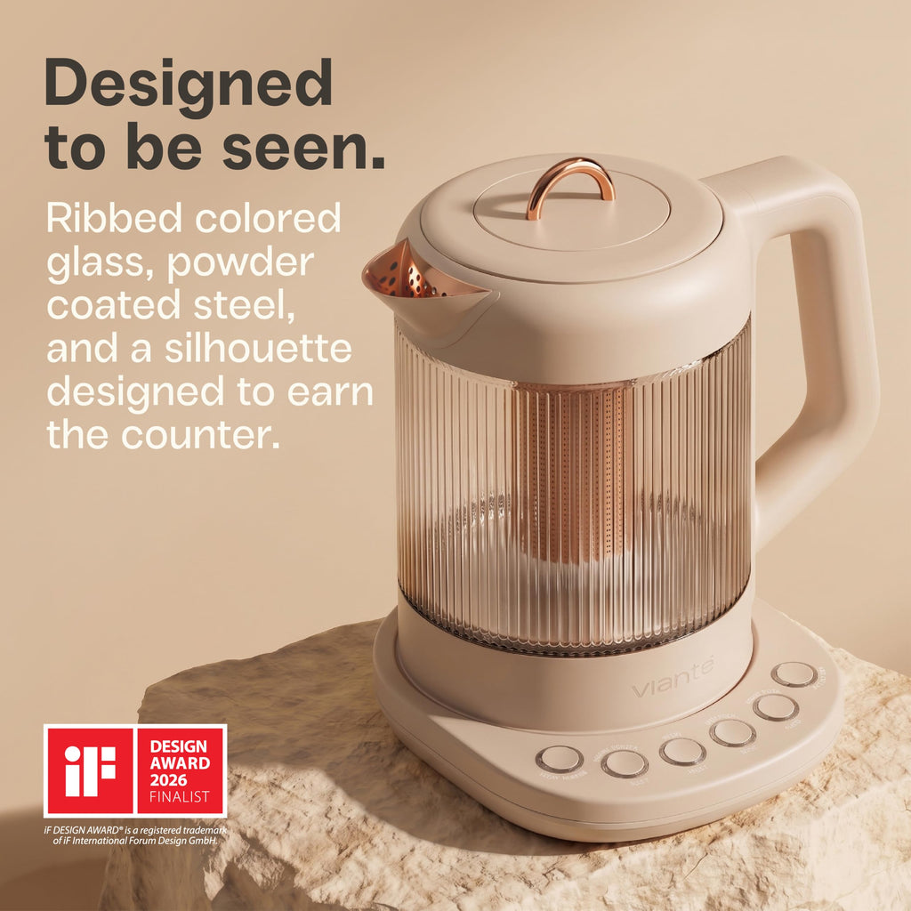 Nina electric tea kettle infuser 1.5L borosilicate glass 304 steel 4 temp presets no plastic contact beige