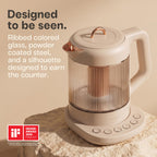 Nina electric tea kettle infuser 1.5L borosilicate glass 304 steel 4 temp presets no plastic contact beige