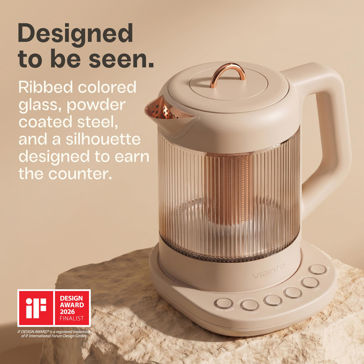 Nina electric tea kettle infuser 1.5L borosilicate glass 304 steel 4 temp presets no plastic contact beige