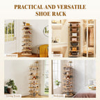 7 tier rotating shoe rack 360 degree spinning lazy susan tower acrylic wood shelf closet entryway bedroom