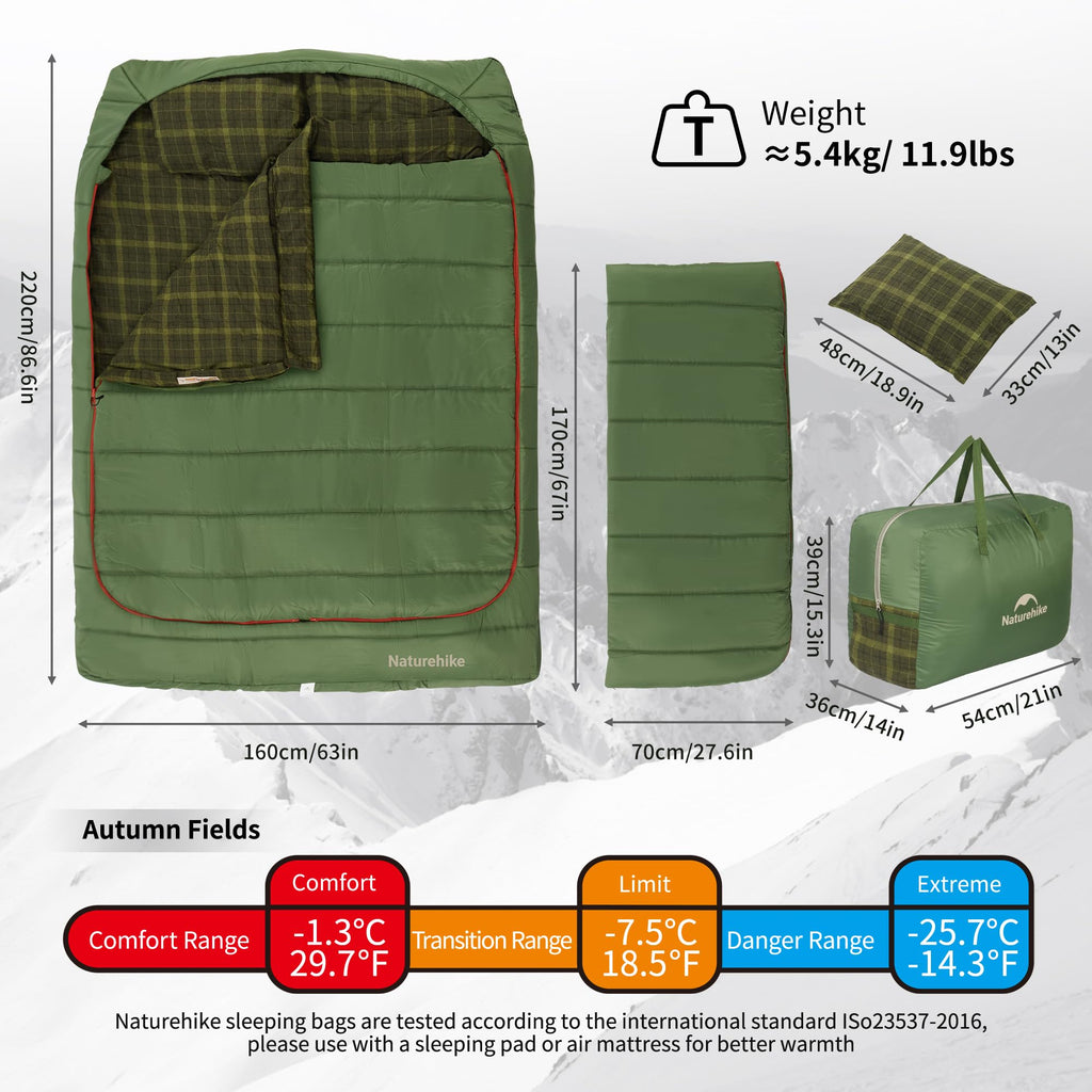 Double Sleeping Bag for Adults with Pillows for Couples and Family 2 Person Camping Hiking Outdoor