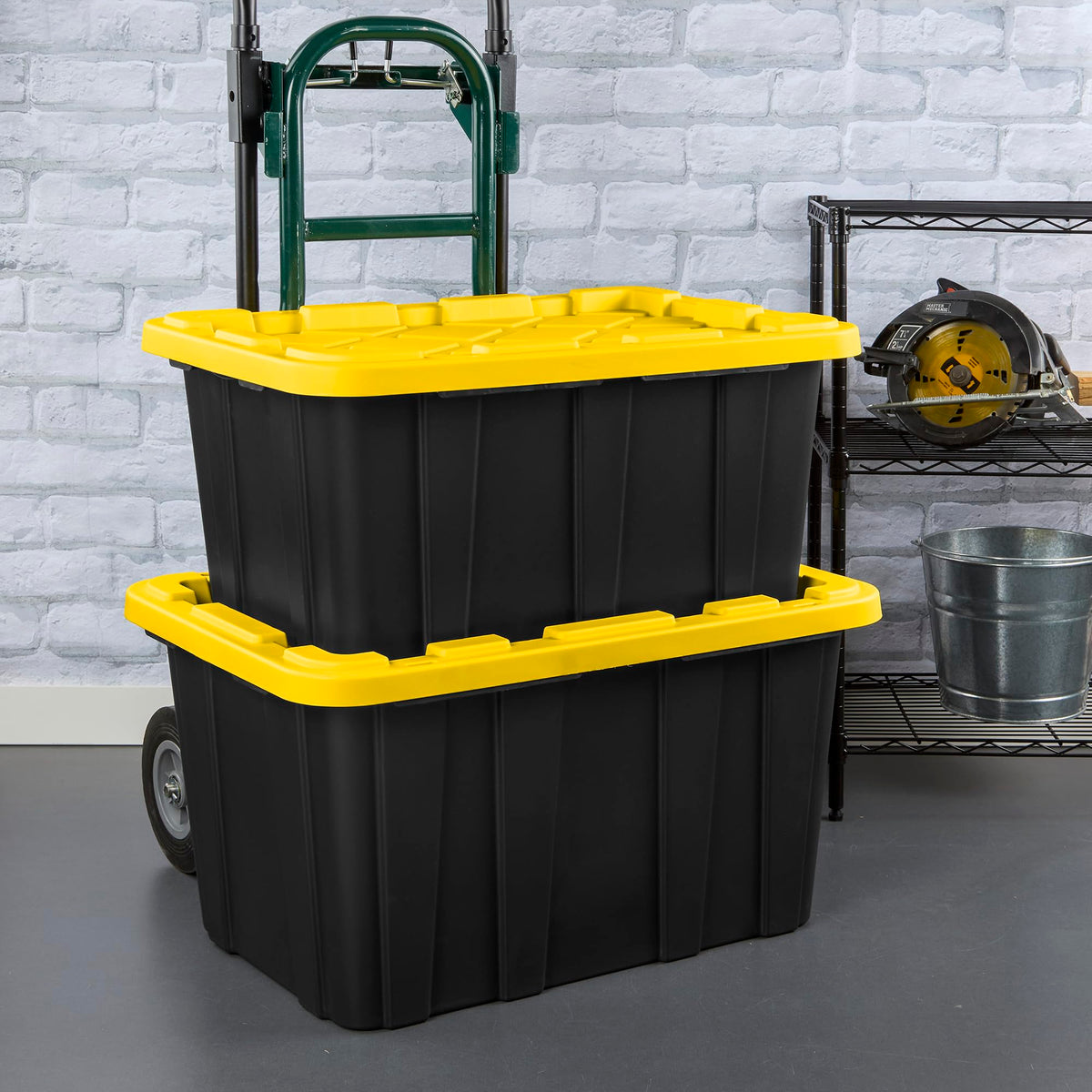 Industrial storage tote with lids for garage 27 gallon 12 pack stackable plastic storage bin