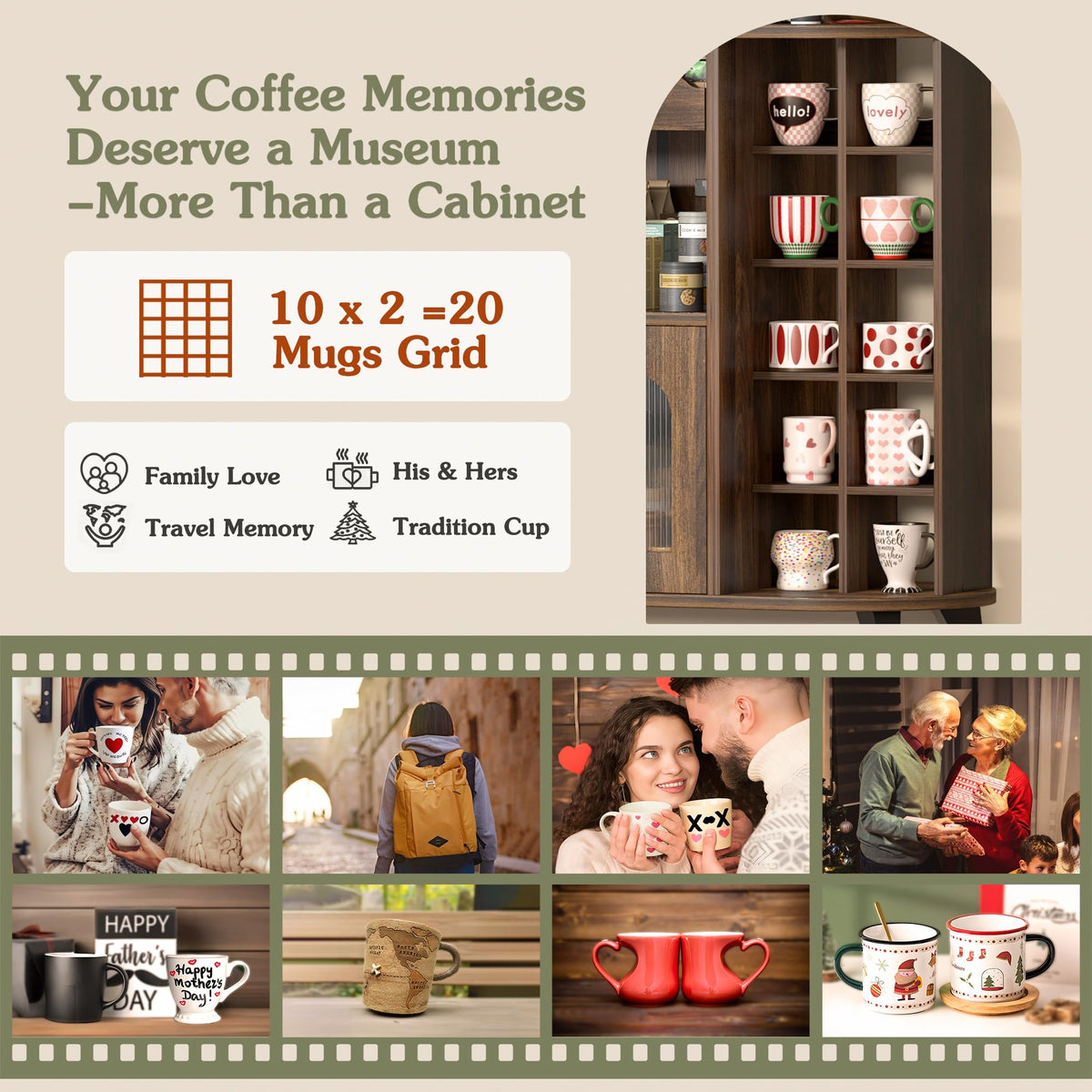 Coffee bar cabinet with 24 cup display large drawer storage modern wooden buffet sideboard kitchen walnut