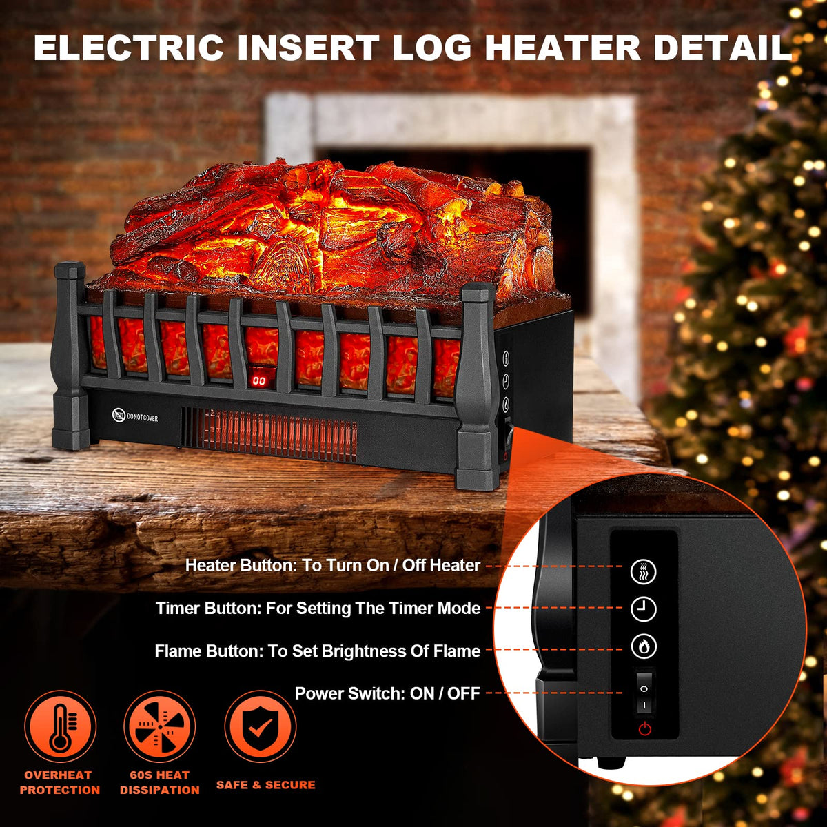 Electric Fireplace Logs Insert Heater with Remote Control for Home Decor Indoor Heating Cozy Ambiance