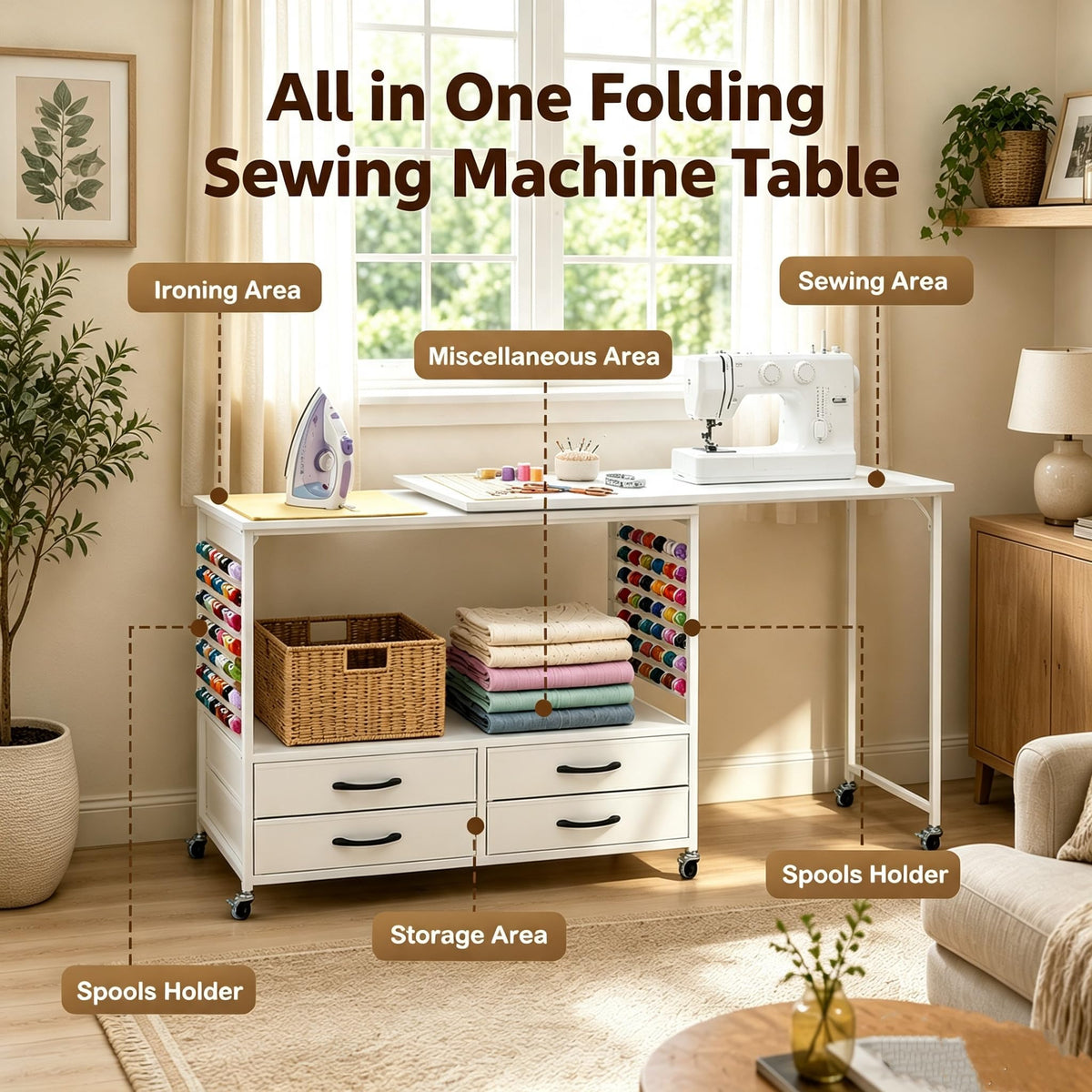 Folding sewing table with storage 46.5 inch 70 pegs and 4 drawers craft organizer for sewing room