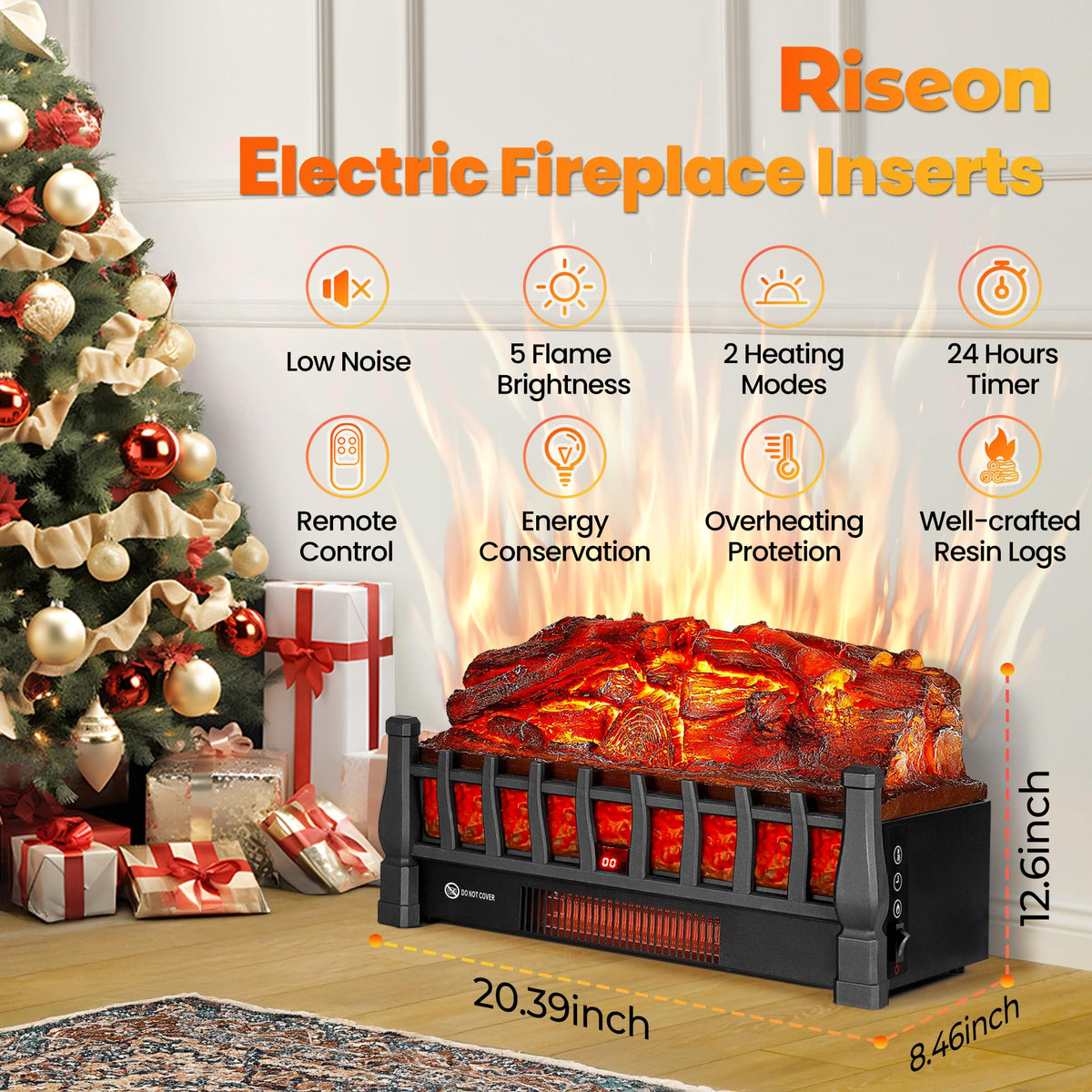Electric Fireplace Logs Insert Heater with Remote Control for Home Decor Indoor Heating Cozy Ambiance