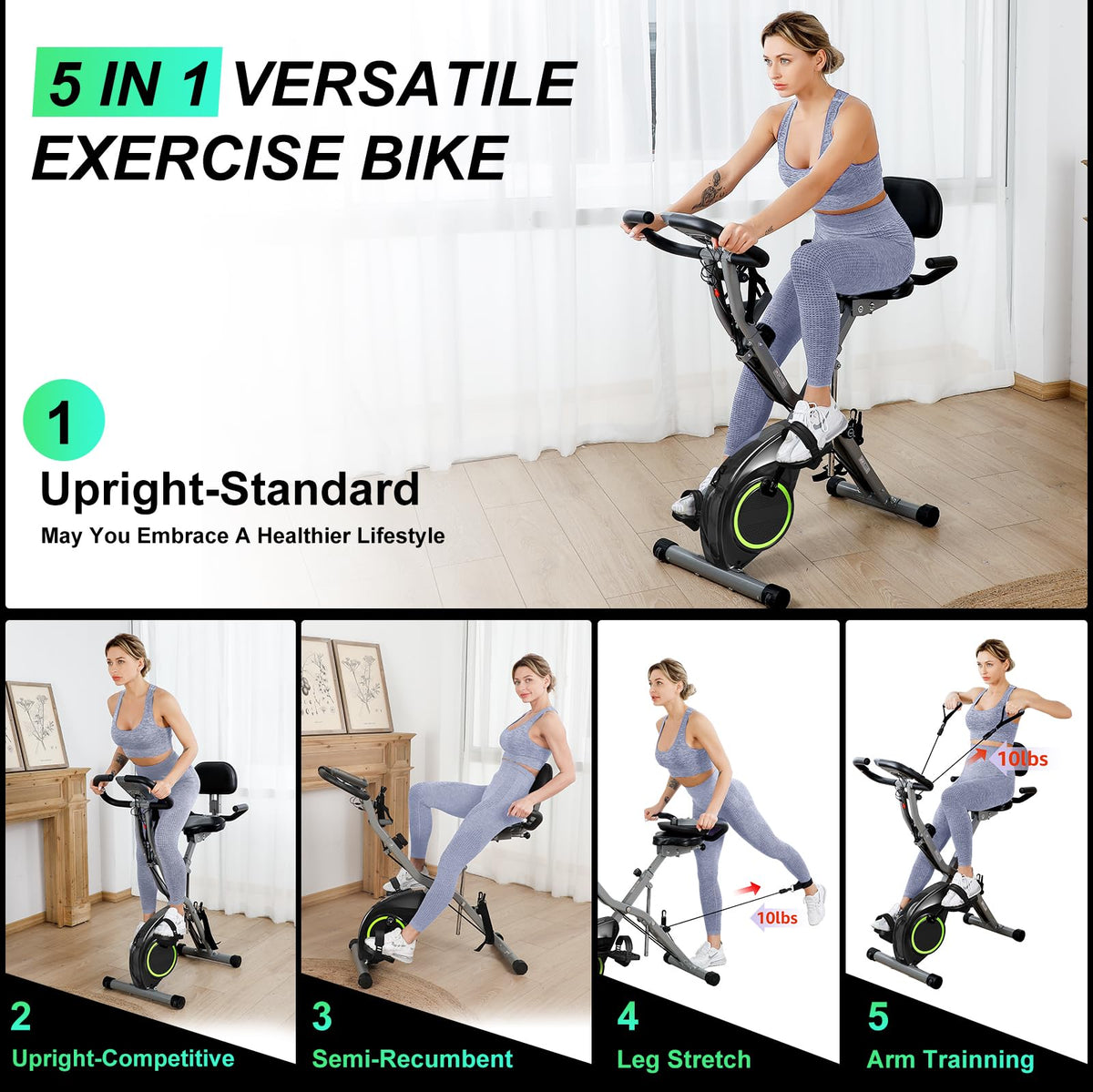 Foldable Exercise Bike 5 in 1 Workout Bike 16 Level Quiet Magnetic Resistance 6.6 lbs Flywheel 300 lb Capacity