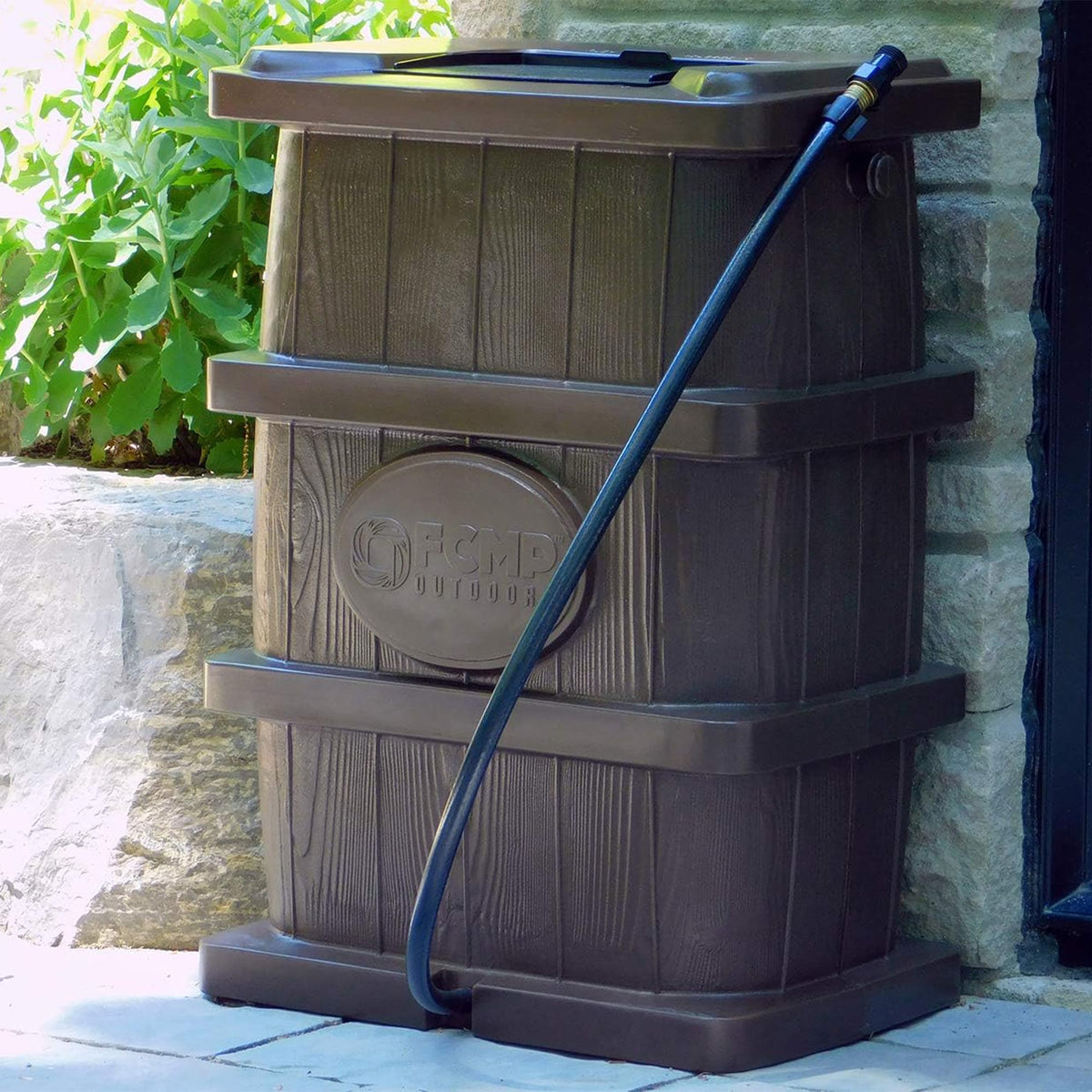 Outdoor slim line design rain barrel 45 gallon brown space saving water collection durable