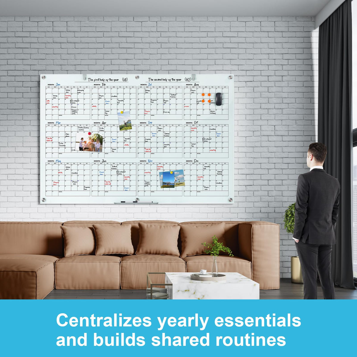 Glass Calendar Whiteboard 72 x 48 Inches Dry Erase Planner Board for Office Home School Use