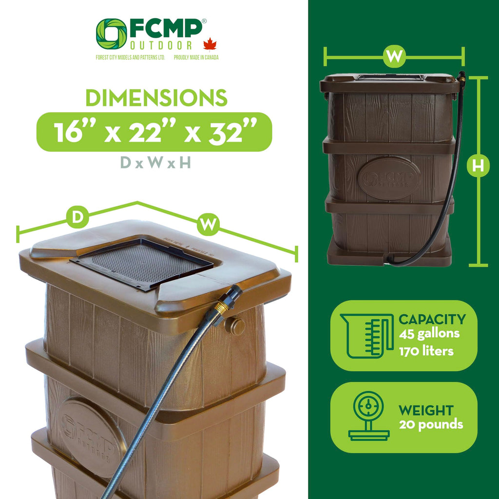 Outdoor slim line design rain barrel 45 gallon brown space saving water collection durable