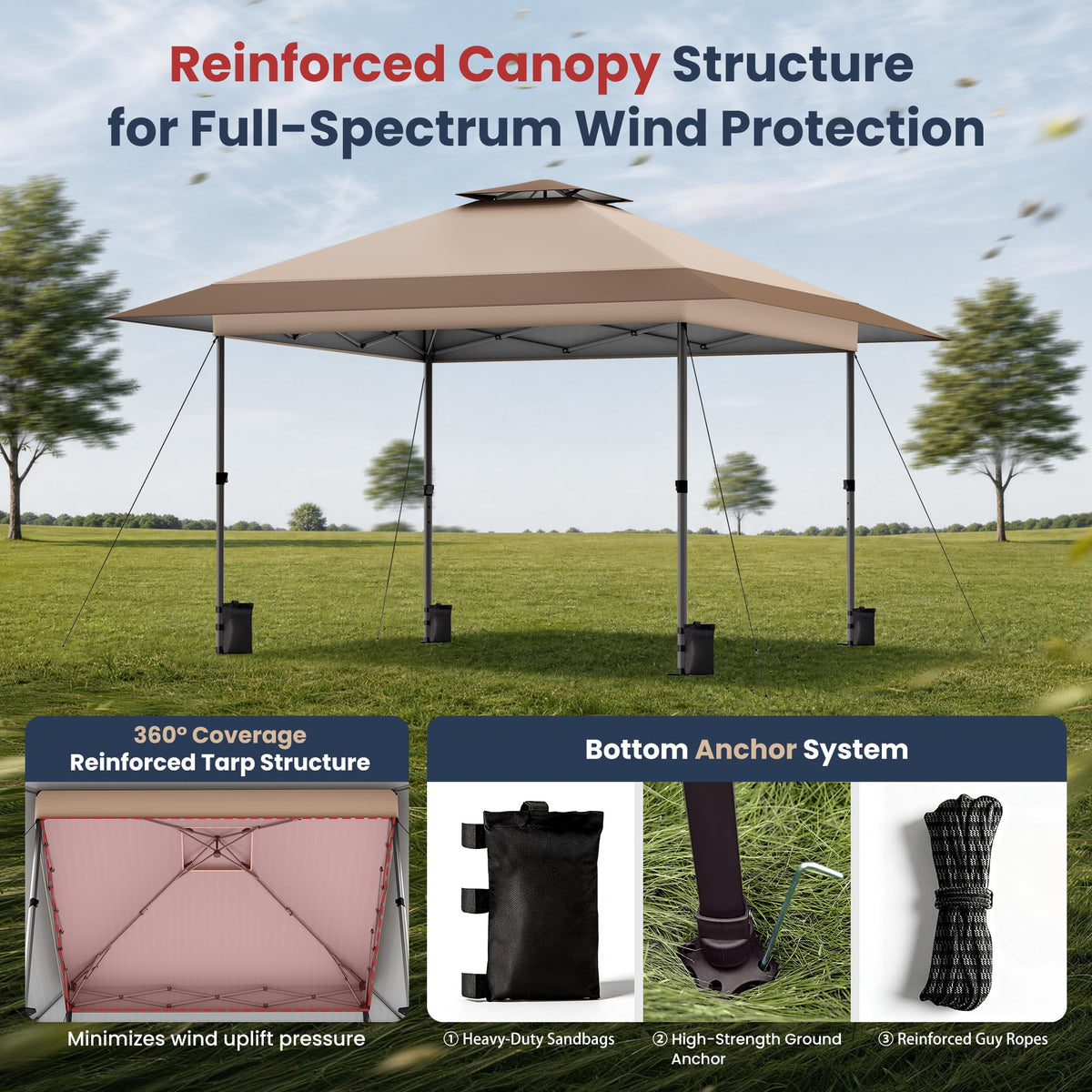 13x13 Pop Up Canopy Tent Instant Outdoor Easy One Push Portable Sun Shelter for Camping Patio