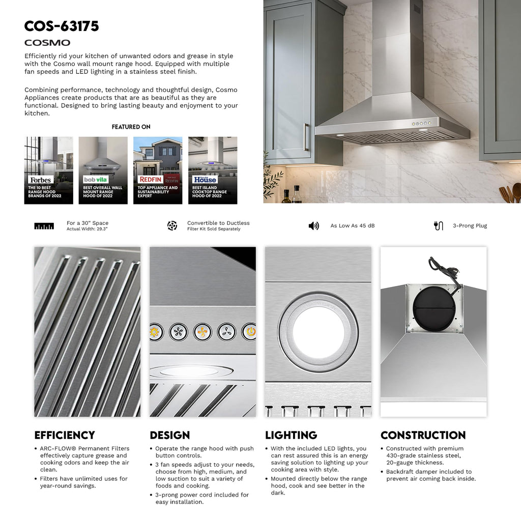 30 in 380 CFM ducted wall mount range hood LED stainless steel kitchen exhaust vent fan for home