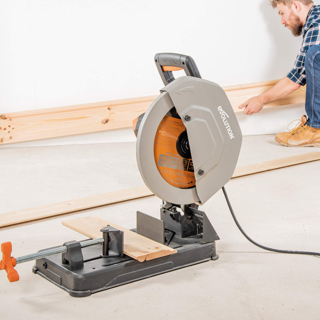 R355CPS 14 inch multi purpose chop saw cuts metal plastic wood miter cut up to 45 degrees TCT blade included