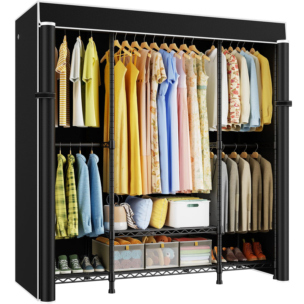 Heavy duty portable closet wardrobe with black fabric cover storage organizer for bedroom dorm