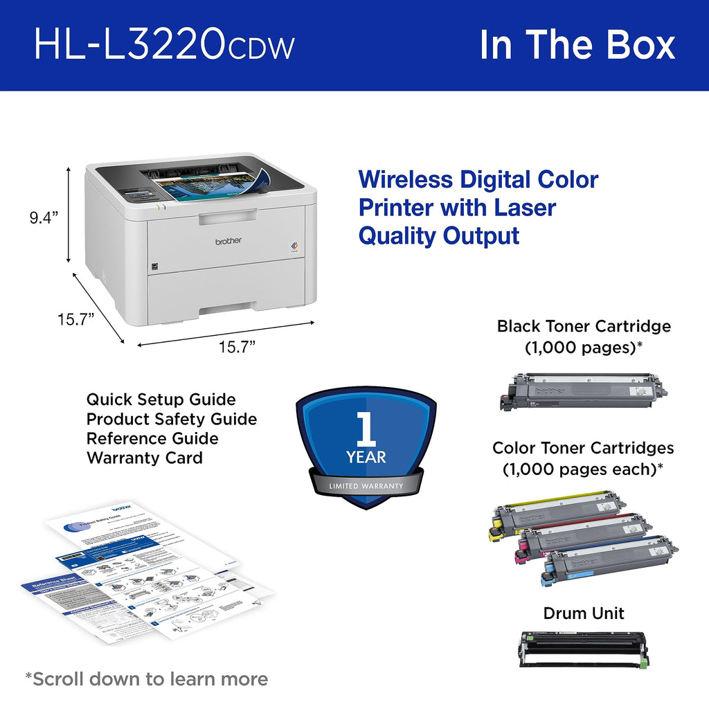 Color Laser Printer HL-L3220CDW Wireless 19 PPM Duplex Mobile Device Compatible 250 Sheet Tray Home Office