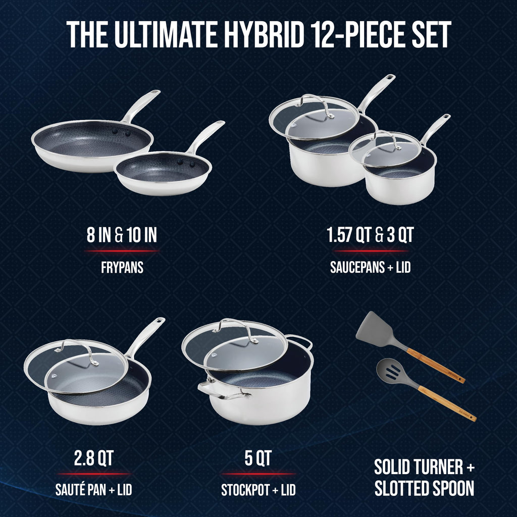 Hybrid 12 piece stainless steel nonstick cookware set for kitchen cooking with pots pans and lids