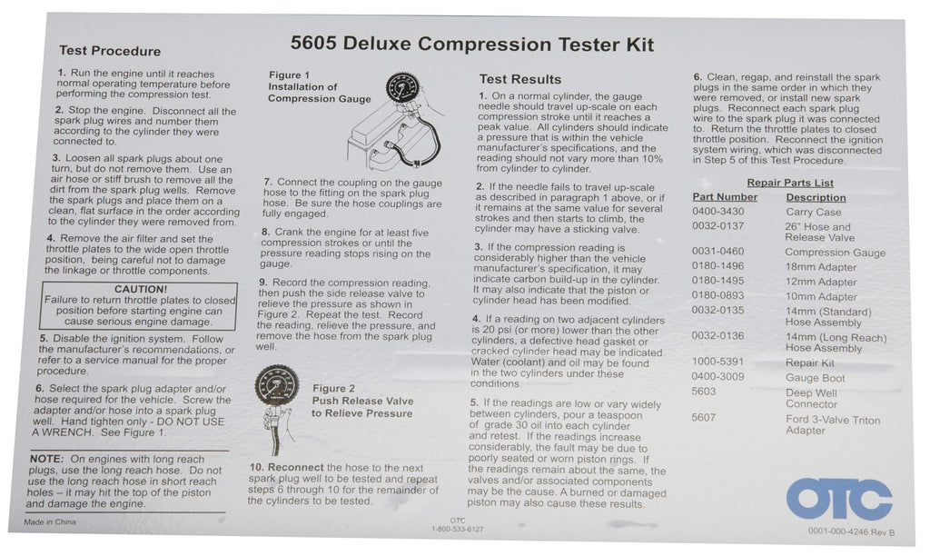 5605 Deluxe Compression Tester Kit for Gasoline Engines Complete Cylinder Pressure Diagnostic Tool