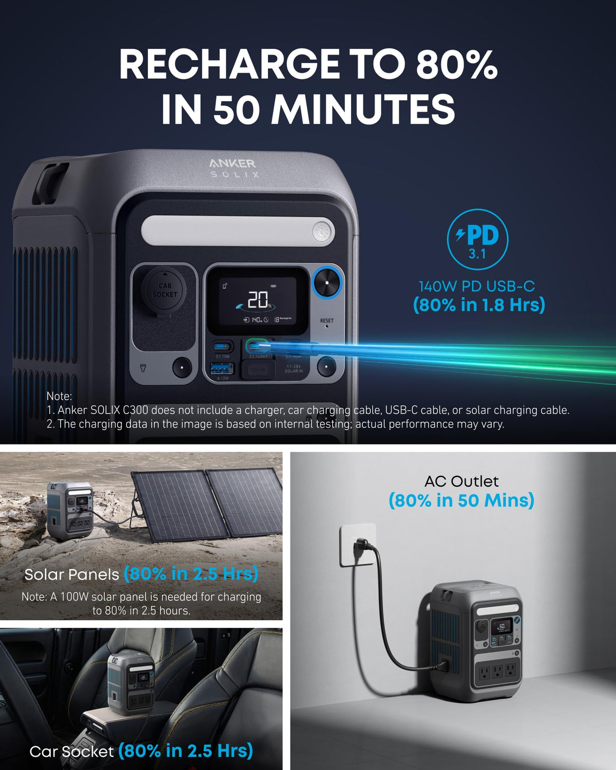 C300 portable power station 288Wh LiFePO4 battery 300W AC output solar generator for camping outdoor