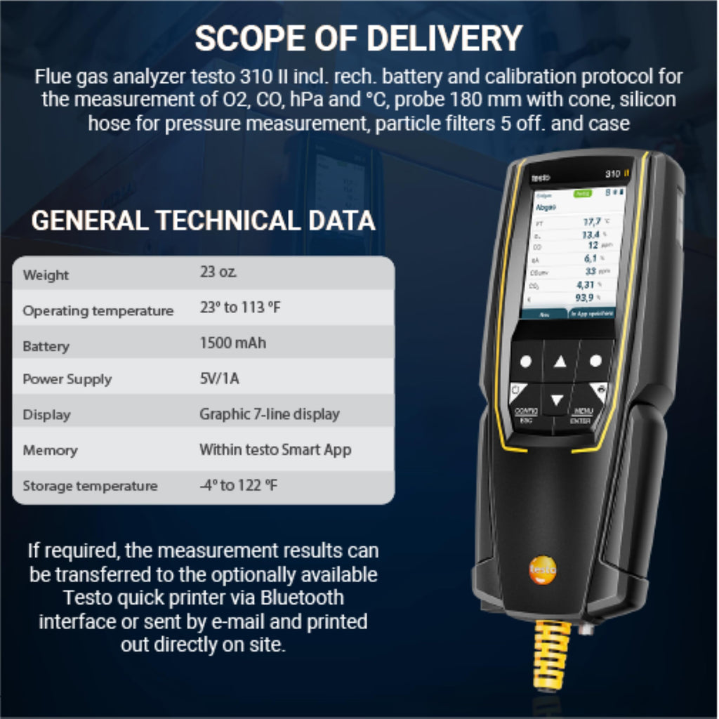 310 II combustion analyzer HVAC flue gas temperature pressure natural gas leak detector smart app probe