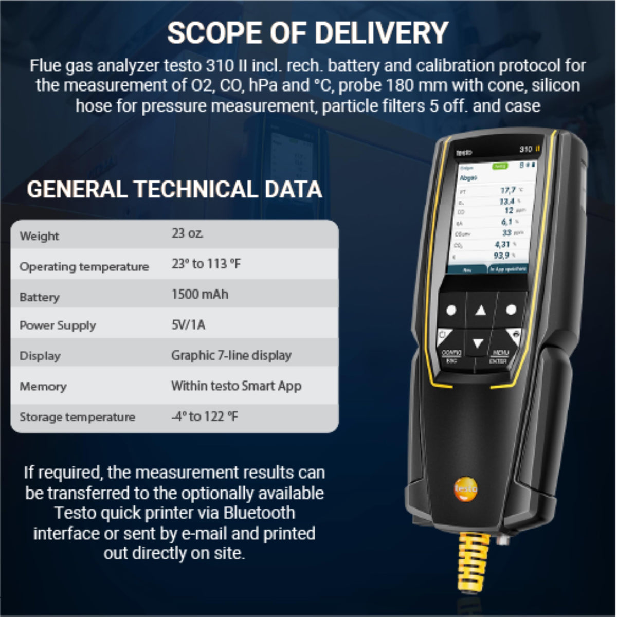 310 II combustion analyzer HVAC flue gas temperature pressure natural gas leak detector smart app probe
