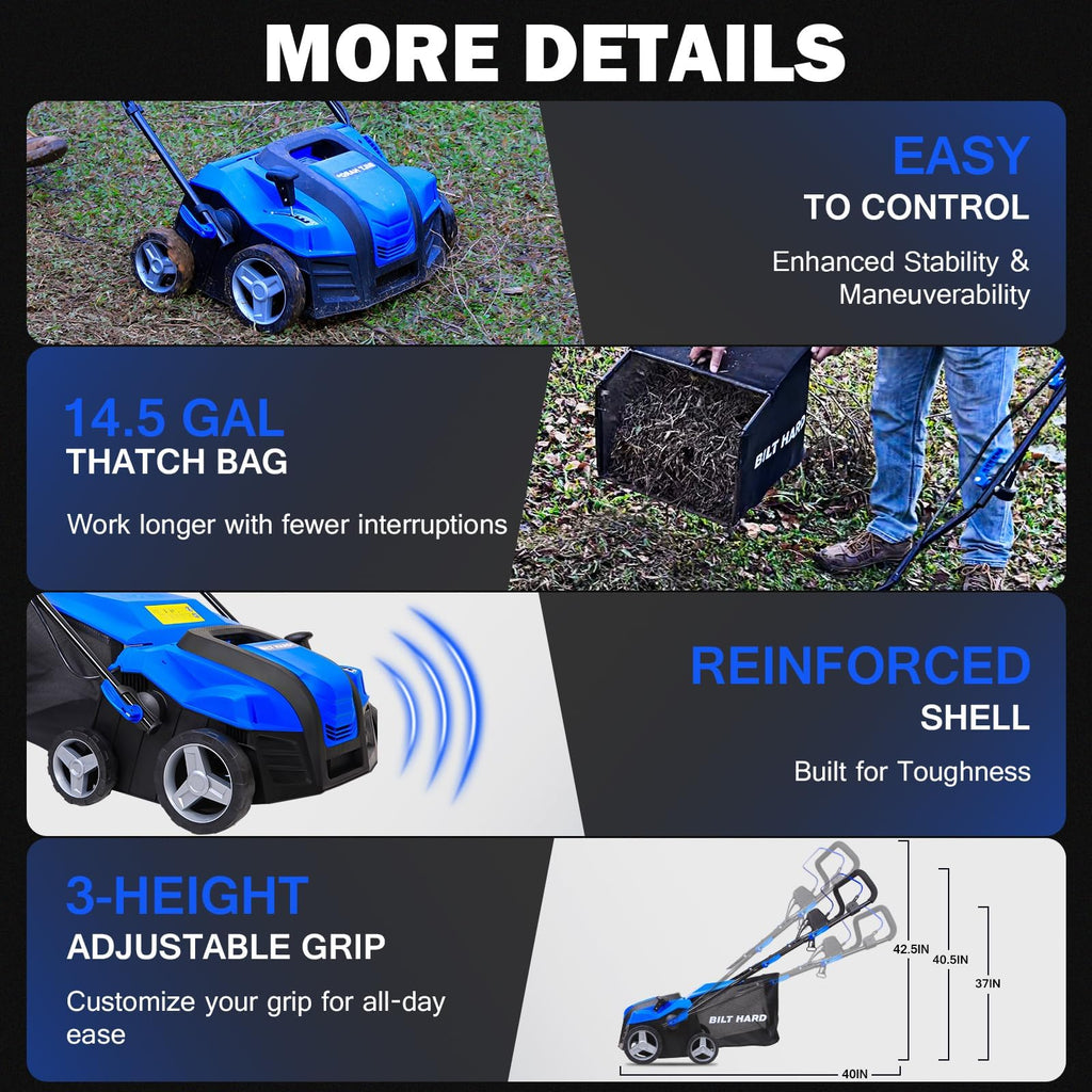 16 Inch Electric Dethatcher Scarifier 15A Copper Motor 5 Position Depth Adjust 14.5 gal Bag 2 in 1 Walk Behind