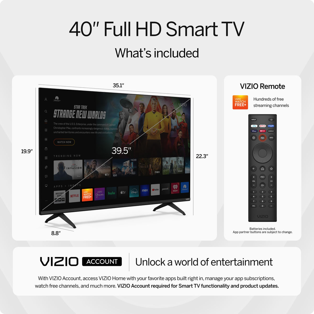 40 inch Full HD 1080p Smart TV DTS Virtual X Alexa Compatible Bluetooth Headphones VFD40M-08 New