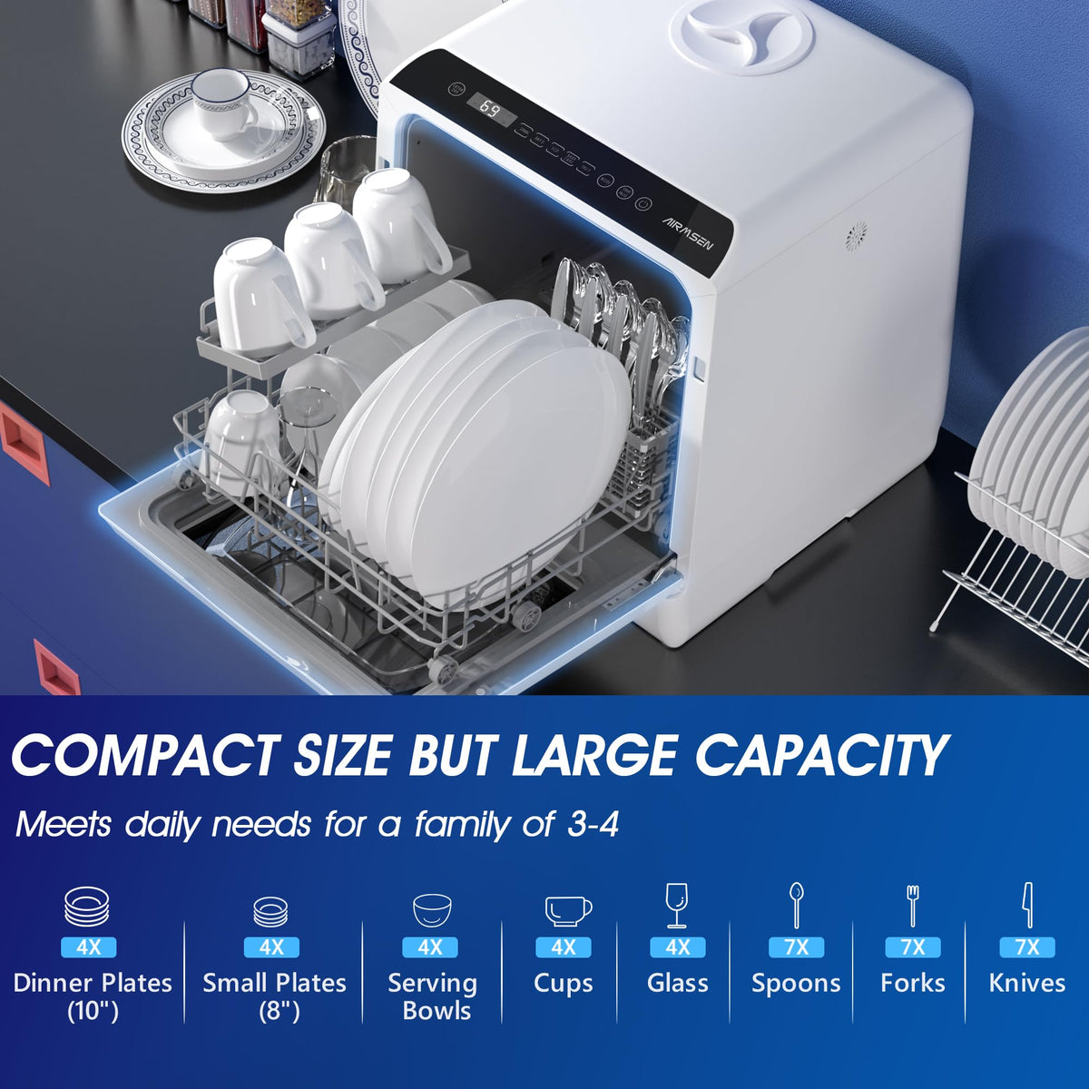 Portable Countertop Dishwasher, No Hookup Needed, Compact Design