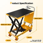 Hydraulic Lift Table Cart 500 lb Load Capacity Foldable Scissor Lift Yellow Portable Heavy Duty