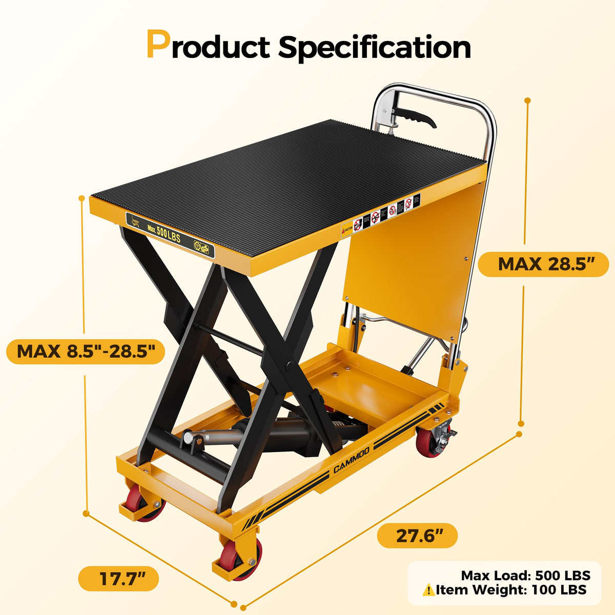 Hydraulic Lift Table Cart 500 lb Load Capacity Foldable Scissor Lift Yellow Portable Heavy Duty