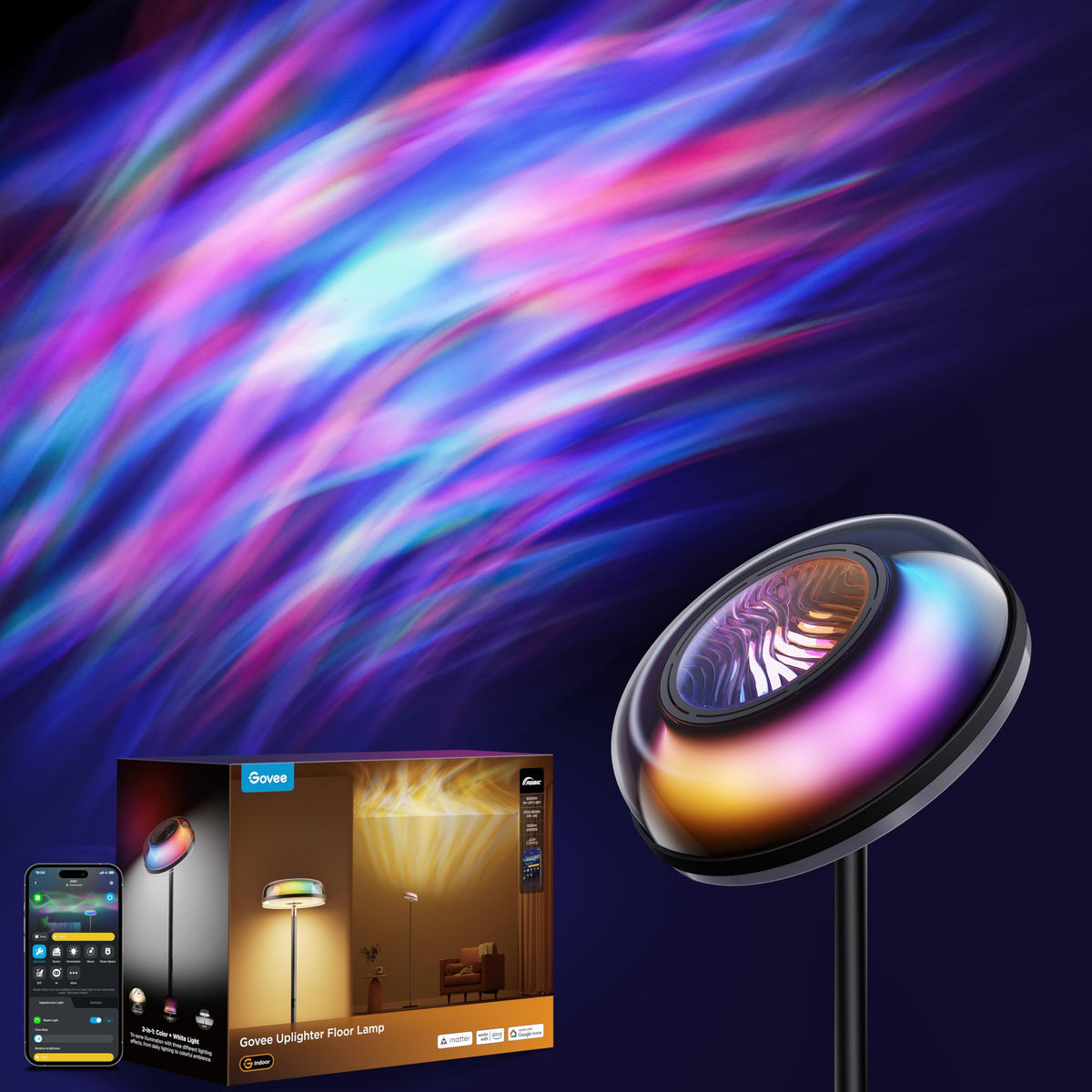 Uplighter Floor Lamp for Living Room RGBIC Ripple Projector Color Changing Ambient Mood Lighting