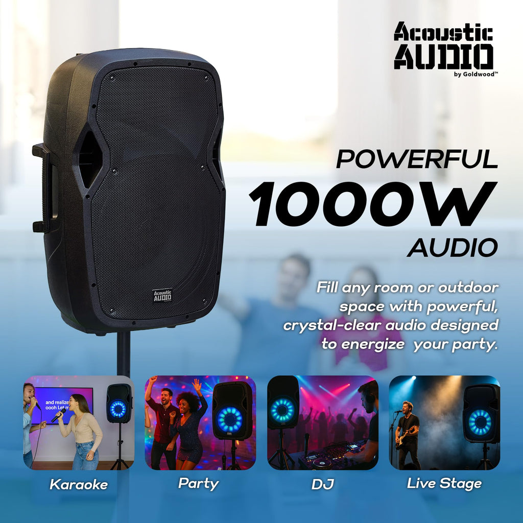 1000W Bluetooth PA Speaker with LED Lights Microphone and Stand Portable Wireless Sound System