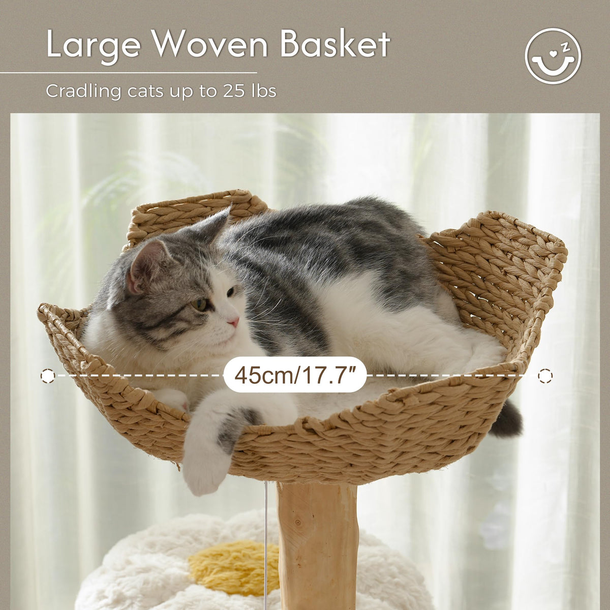 Modern Cat Tree with Hammock 48.5 Inches Cat Tower Real Wood Scratching Post Rattan Basket Perch Condo Beige