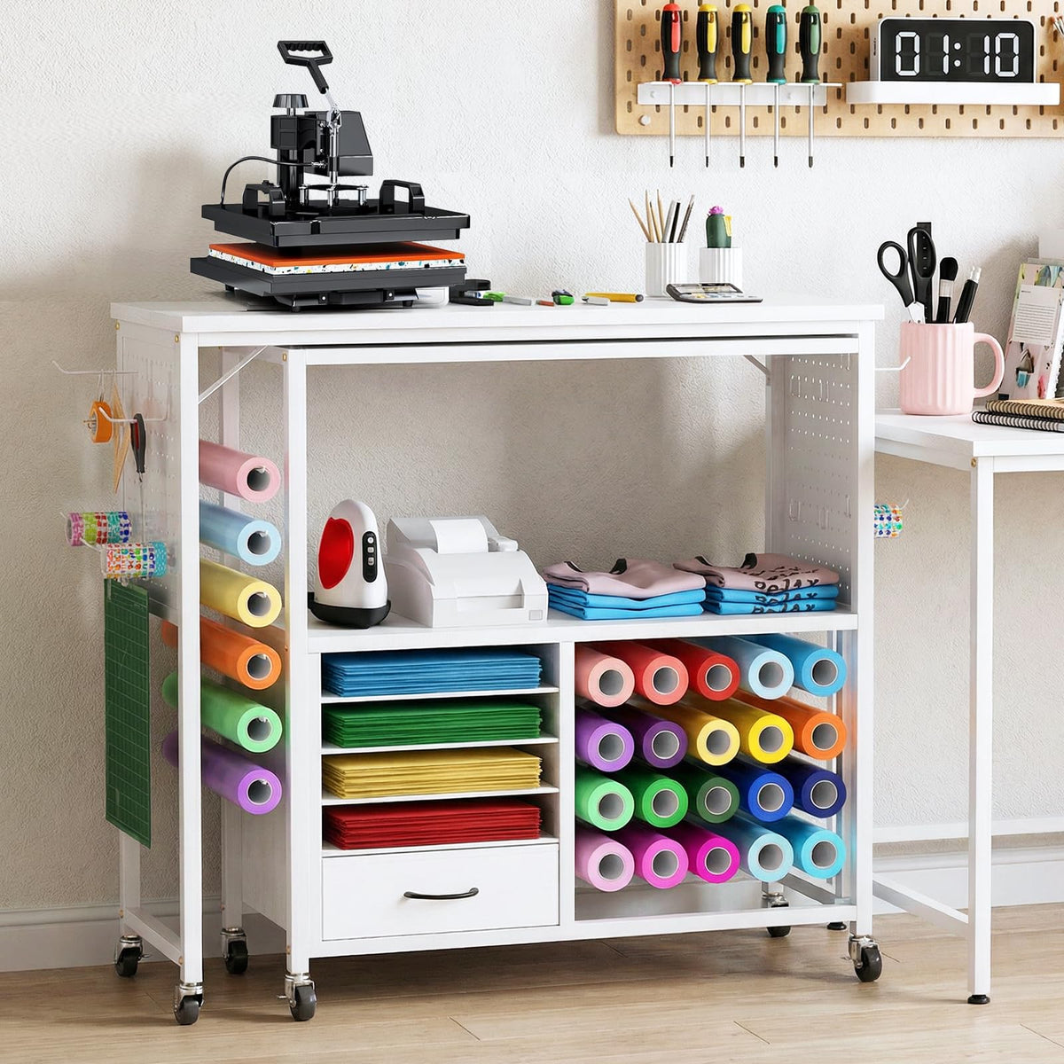 360 Craft Cart 26 Vinyl Storage and Pegboards Rolling Organizer Compatible with Heat Press and Cutting Machine
