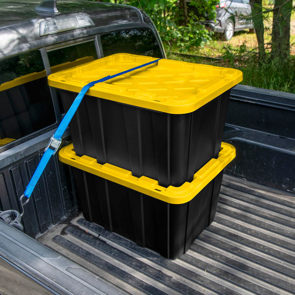Industrial storage tote with lids for garage 27 gallon 12 pack stackable plastic storage bin