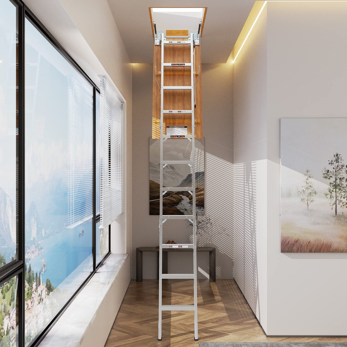 Aluminum Attic Ladder Pull Down System Attic Stairs Attic Lift 7'8 to 10'3 Ceiling 22.5 x 54 380 lbs Capacity