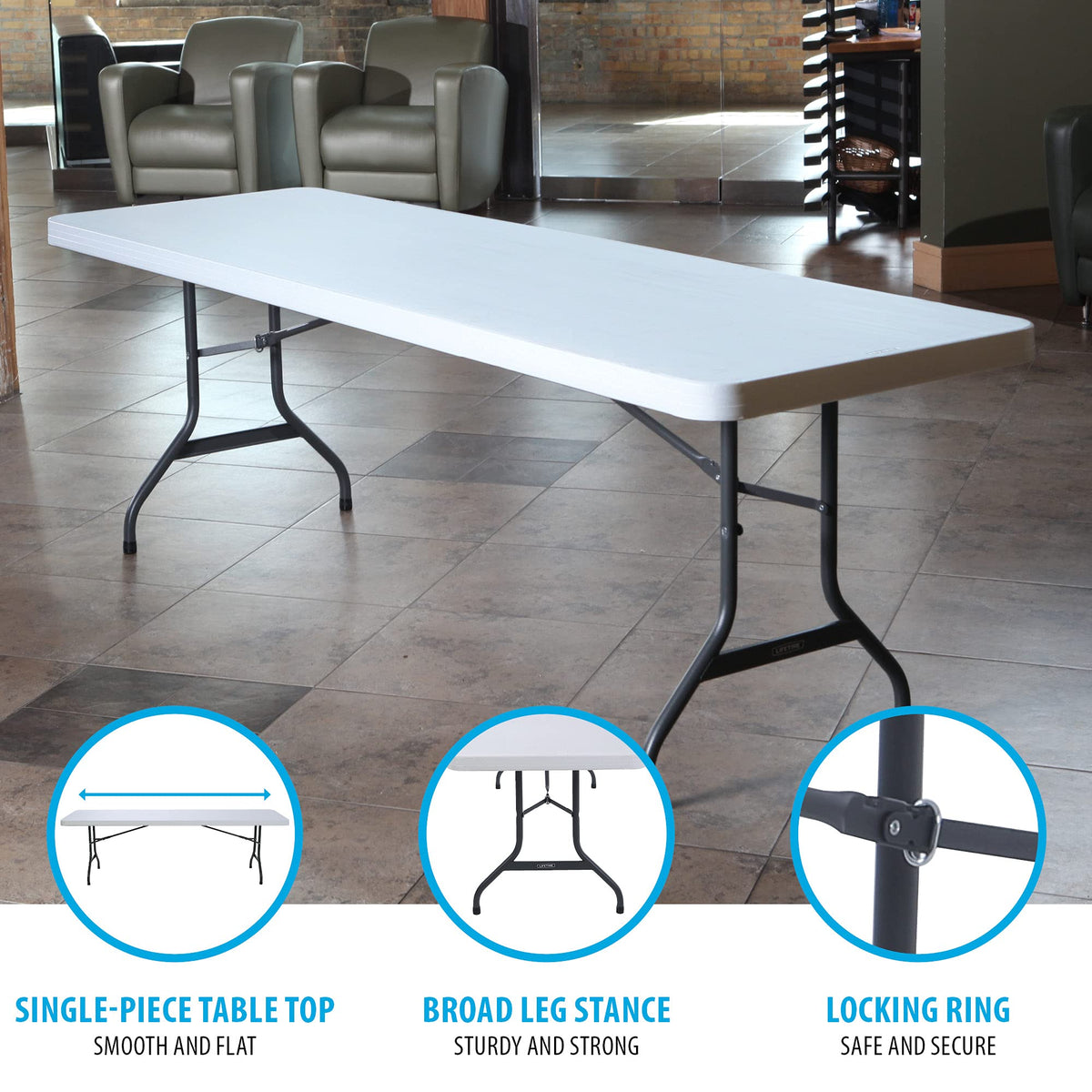 22980 Commercial Folding Table 8 Foot White Granite HDPE Top Portable Heavy Duty Steel Frame