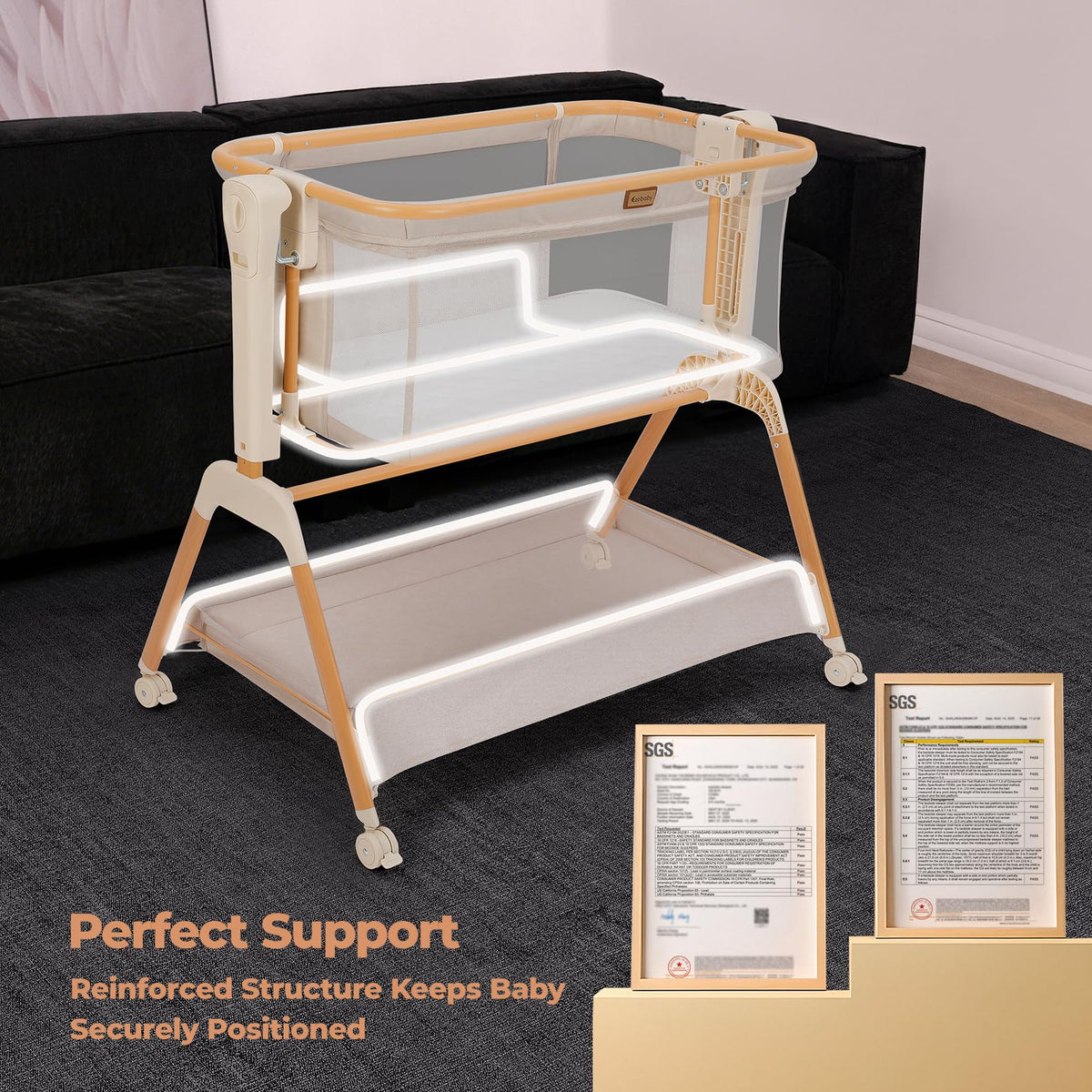 Bedside bassinet 3 in 1 rocking full mesh crib with mattress 6 height adjustable lockable wheels