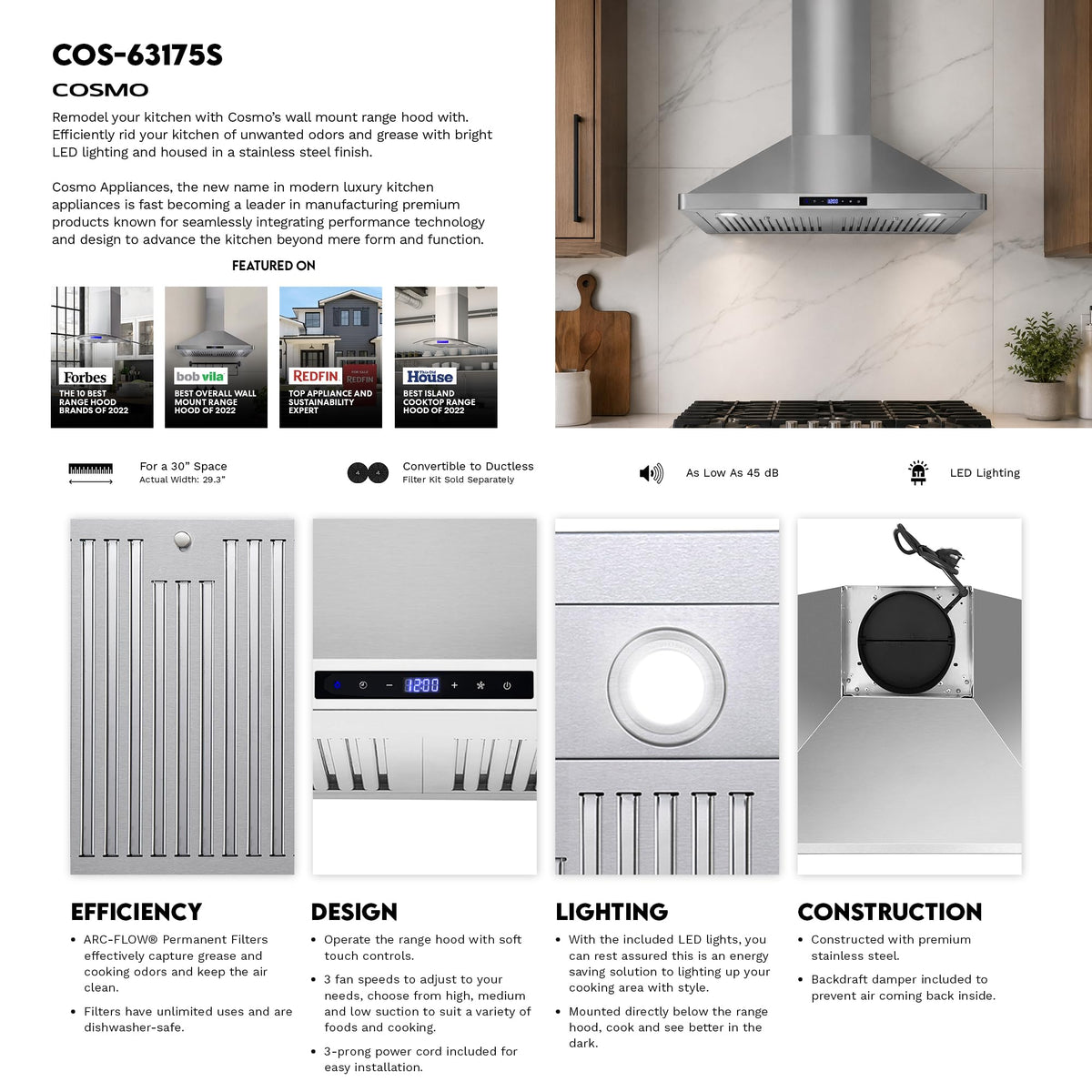 30 in 380 CFM ducted wall mount range hood LED stainless steel kitchen exhaust ventilation Coll