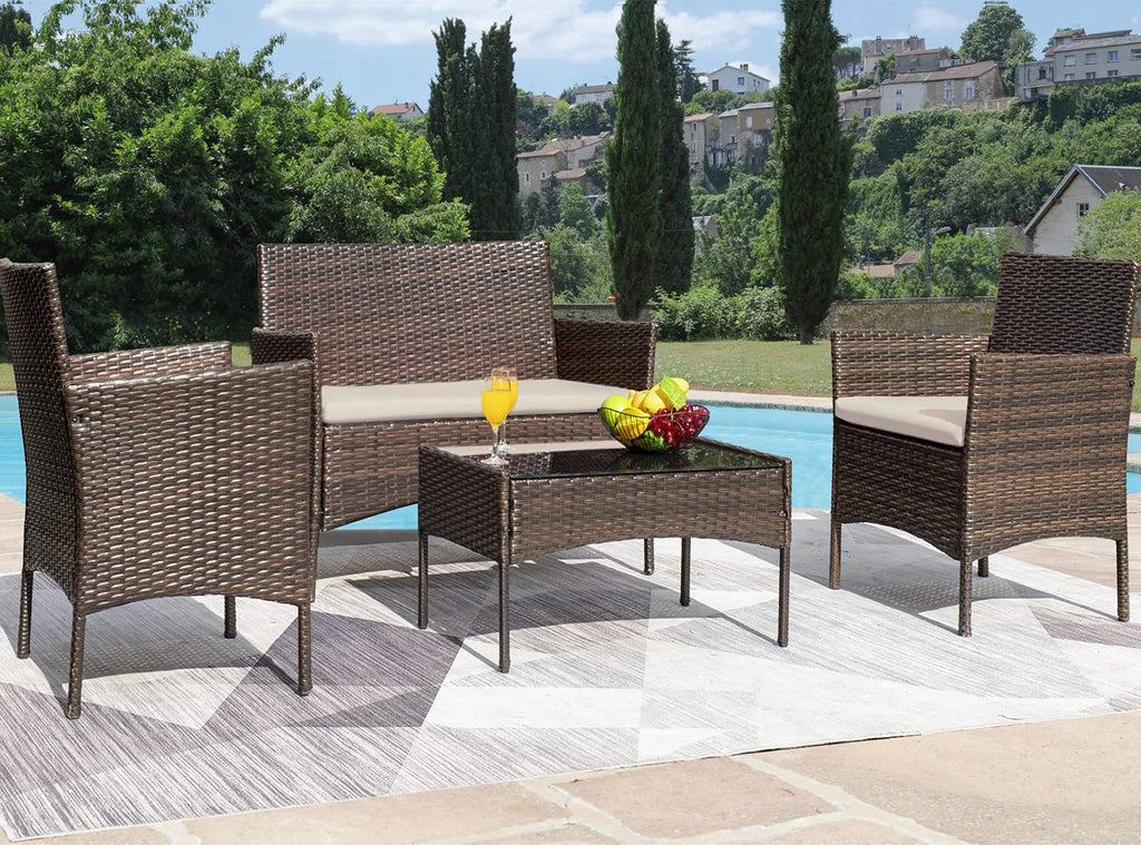 Patio furniture 4 pieces conversation set brown and beige outdoor sofa set for garden backyard