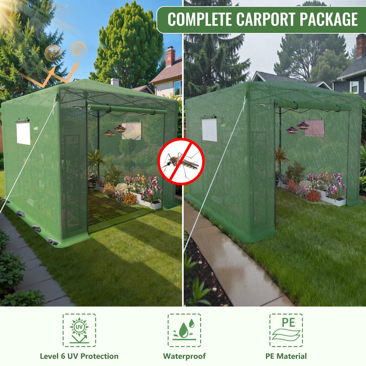 10x10 ft Portable Pop Up Greenhouse for Outdoors Walk In Greenhouse with PE Cover and Mesh Windows
